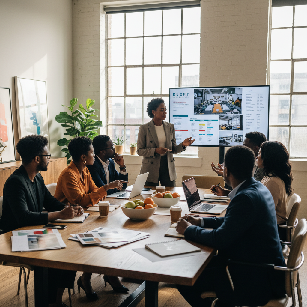 A diverse group of Black event planners and hosts gathered around a conference table, looking engaged and attentive as a professional-looking vendor, also Black, presents a detailed event plan on a large screen. The atmosphere is collaborative and organized. Shot on Canon EOS R5, 35mm lens, natural lighting, editorial photography.