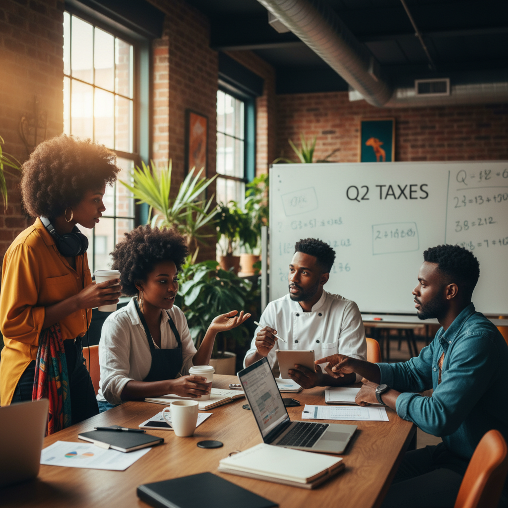 A diverse group of Black event vendors, including a DJ, a caterer, and a decorator, animatedly discussing their quarterly tax strategies over coffee in a vibrant, co-working space. Shot on Canon EOS R5, 35mm lens, natural lighting, editorial photography.