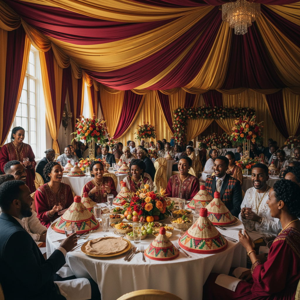 A beautifully decorated Ethiopian wedding reception hall with vibrant red and gold fabrics, intricate floral arrangements, and traditional Mesob baskets on tables, filled with guests in elegant Black cultural attire, captured with natural lighting. shot on Canon EOS R5, 35mm lens, natural lighting, editorial photography.