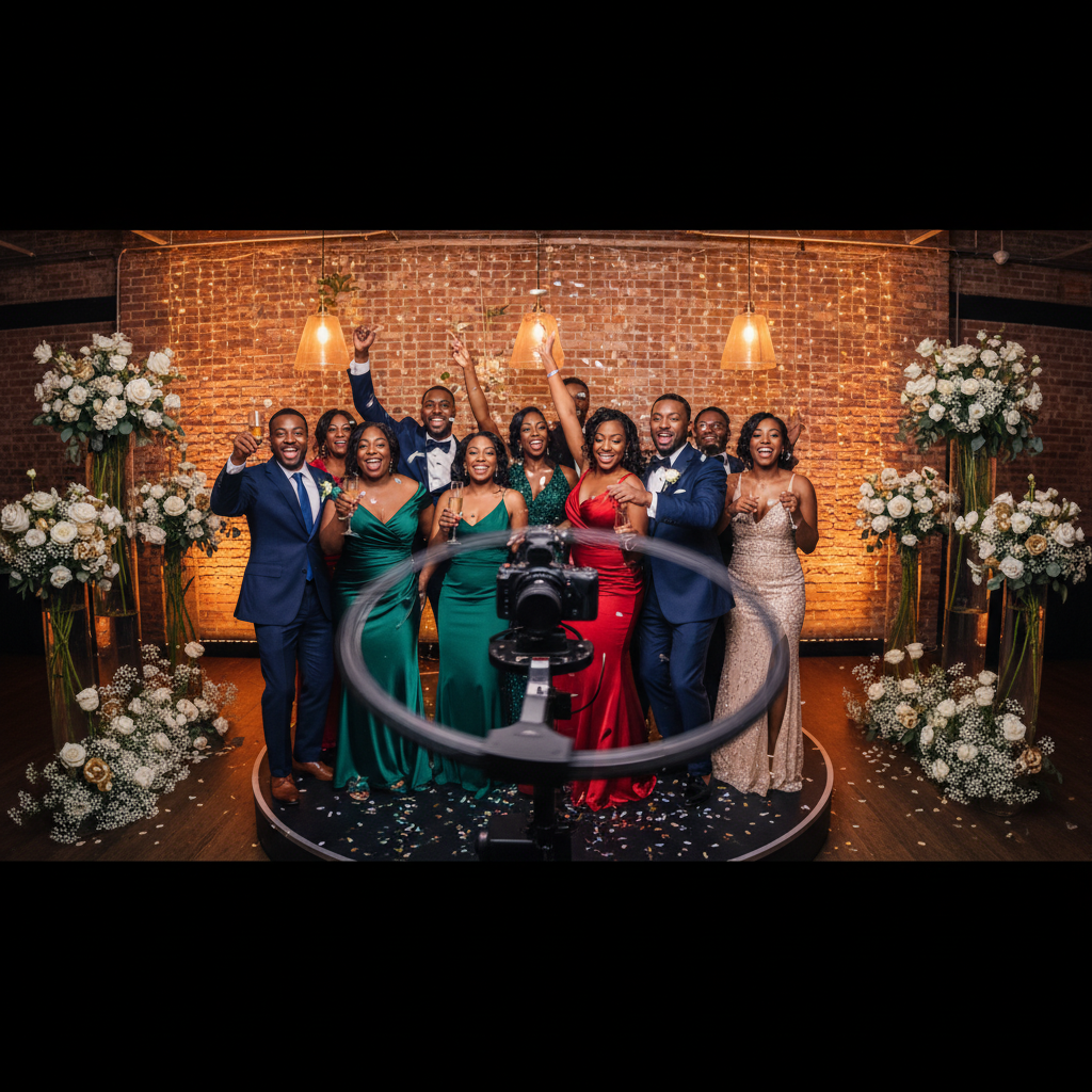 A vibrant 360 photo booth in action at an African American wedding reception in a stylish Brooklyn venue. Guests, dressed in elegant attire, are laughing and posing on the circular platform while a camera arm spins around them. The background features warm lighting and subtle floral decorations.