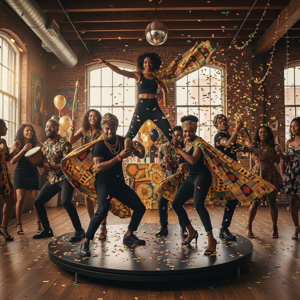 A diverse group of African American friends striking dynamic poses with culturally themed props like kente cloth scarves and vibrant headwraps on a 360 photo booth platform at a lively birthday party in Harlem, NYC. The scene is brightly lit and energetic.