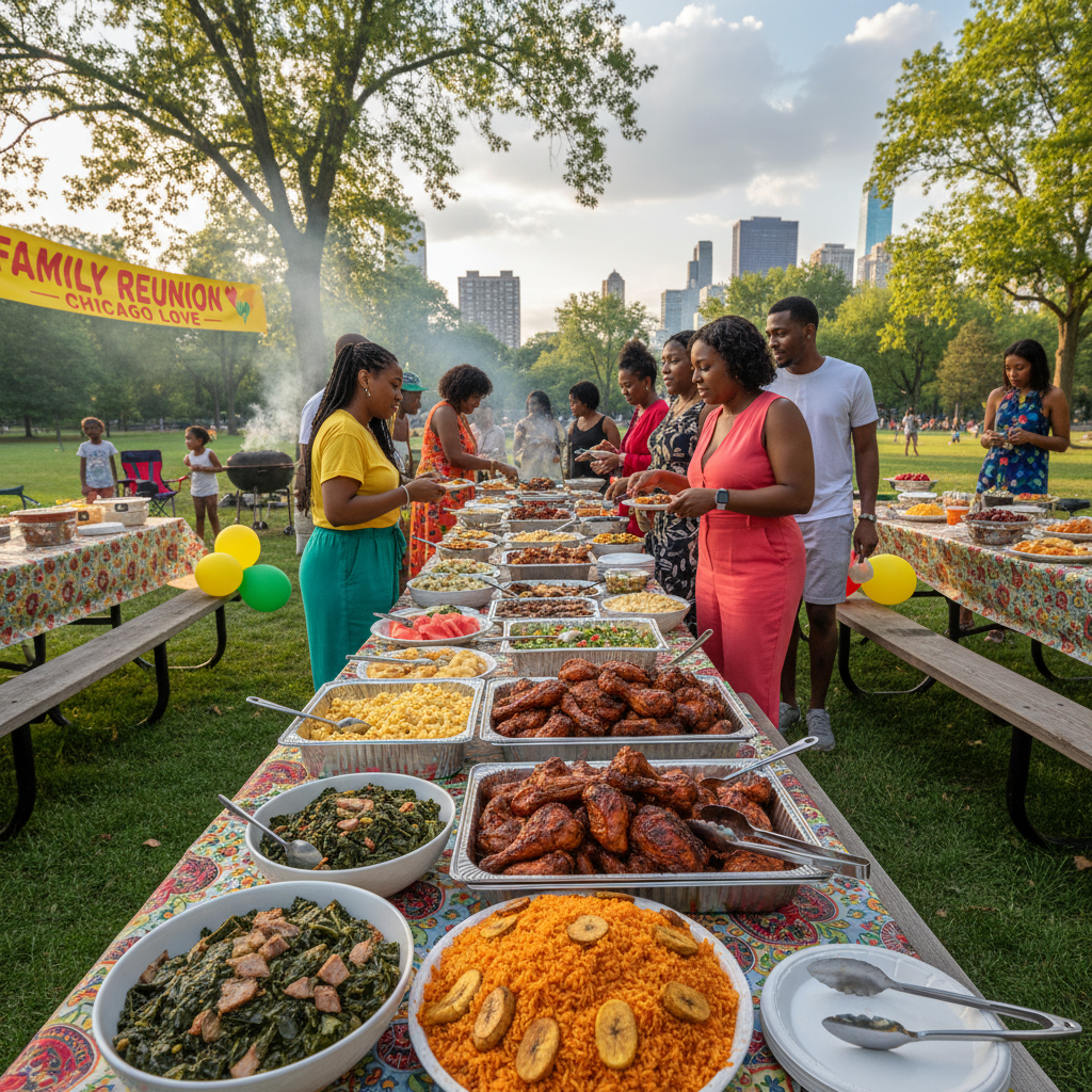 A vibrant outdoor buffet setup at an African American family reunion in a Chicago park, featuring an array of colorful dishes like jerk chicken, collard greens, and jollof rice. Shot on Canon EOS R5, 35mm lens, natural lighting, editorial photography.
