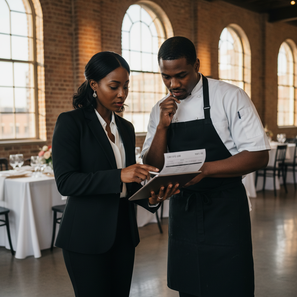A Black event planner reviews a detailed catering invoice with a professional African American catering manager in a modern Chicago event space, pointing to a line item with a pen. Shot on Canon EOS R5, 35mm lens, natural lighting, editorial photography.