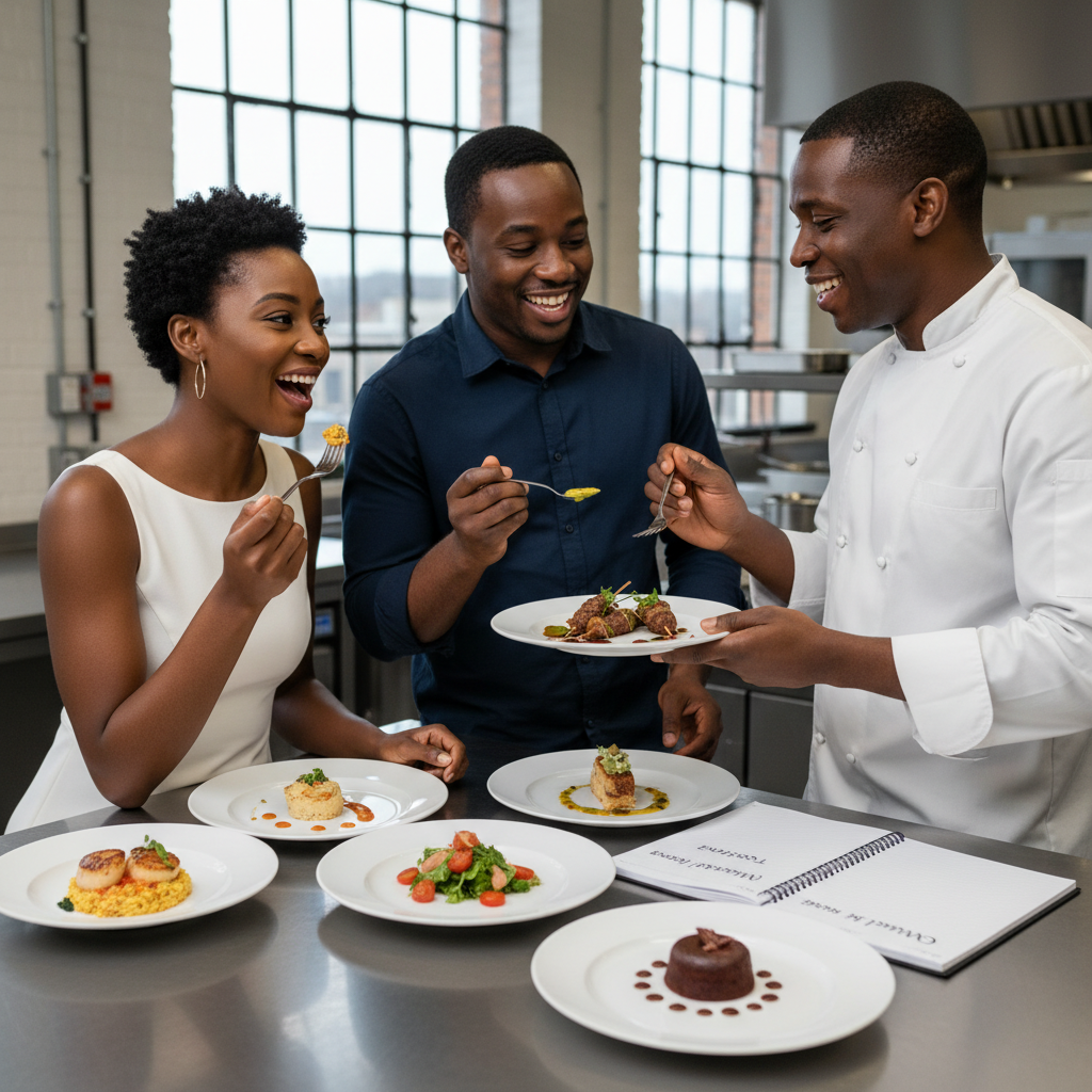 An African American couple enthusiastically tasting samples of various delicious dishes presented by a Black chef in a professional kitchen, discussing their wedding menu. Shot on Canon EOS R5, 35mm lens, natural lighting, editorial photography.