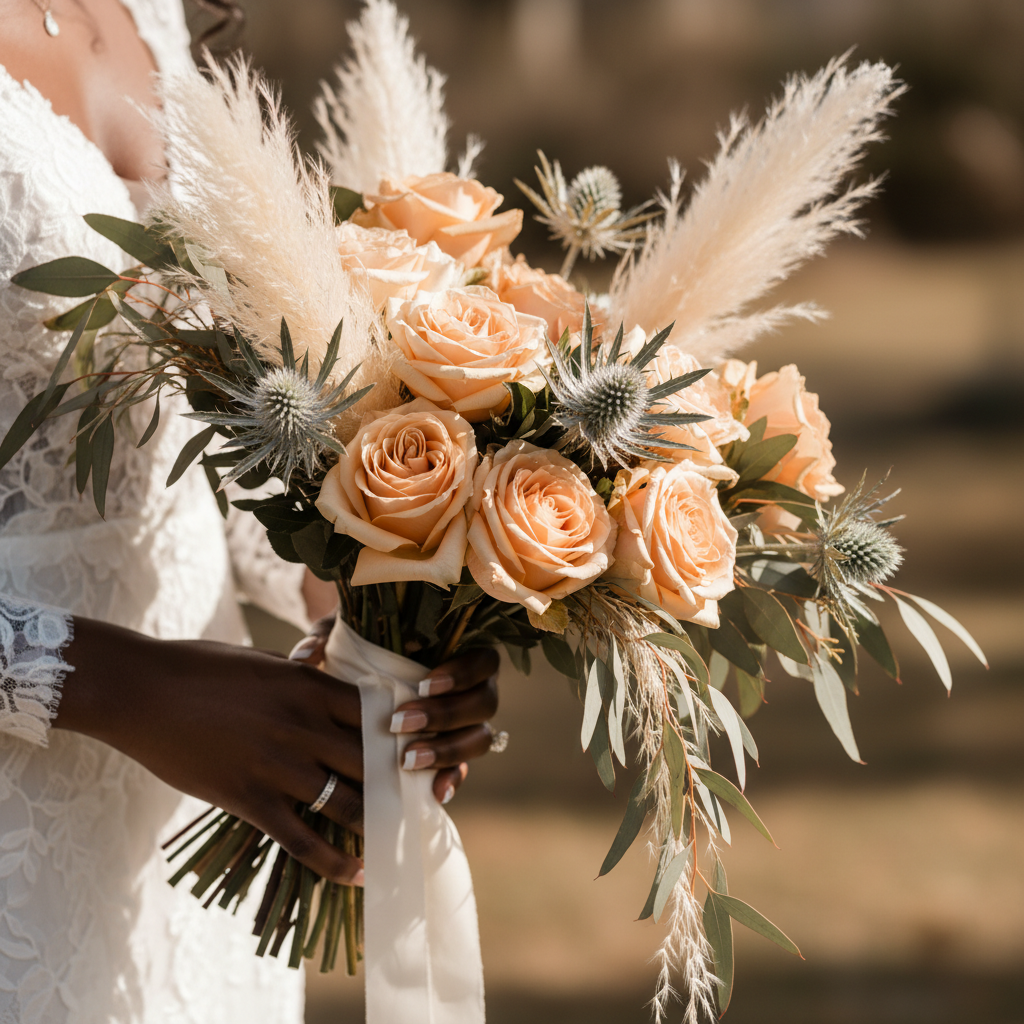 A close-up of a Black bride's bouquet, showcasing a rich blend of textures including soft peach garden roses, spiky white thistles, feathery pampas grass, and delicate eucalyptus leaves. Her hands are gently holding the bouquet, with a hint of her elegant dress visible.