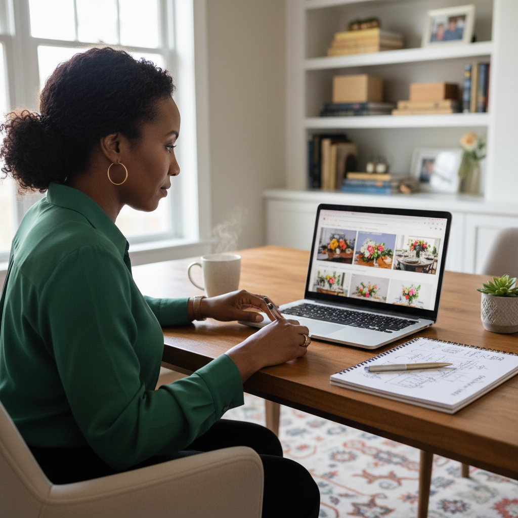 A Black female event planner, mid-30s, intently reviewing a vendor's online portfolio on a laptop, with a notebook open beside her, in a chic home office setup. Shot on Canon EOS R5, 35mm lens, natural lighting, editorial photography.