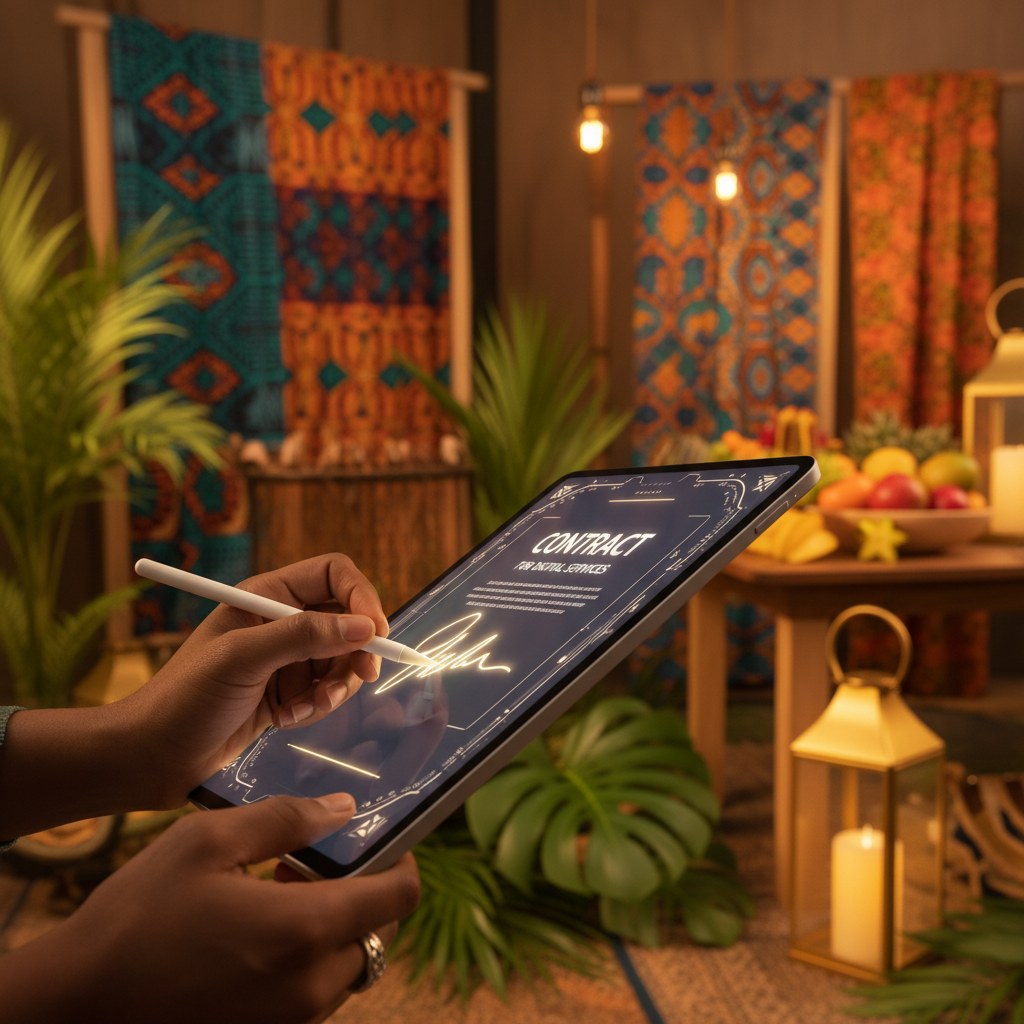 A close-up shot of a hand signing a digital contract on a tablet, with a blurred background of a modern Afro-Caribbean-themed event decor.