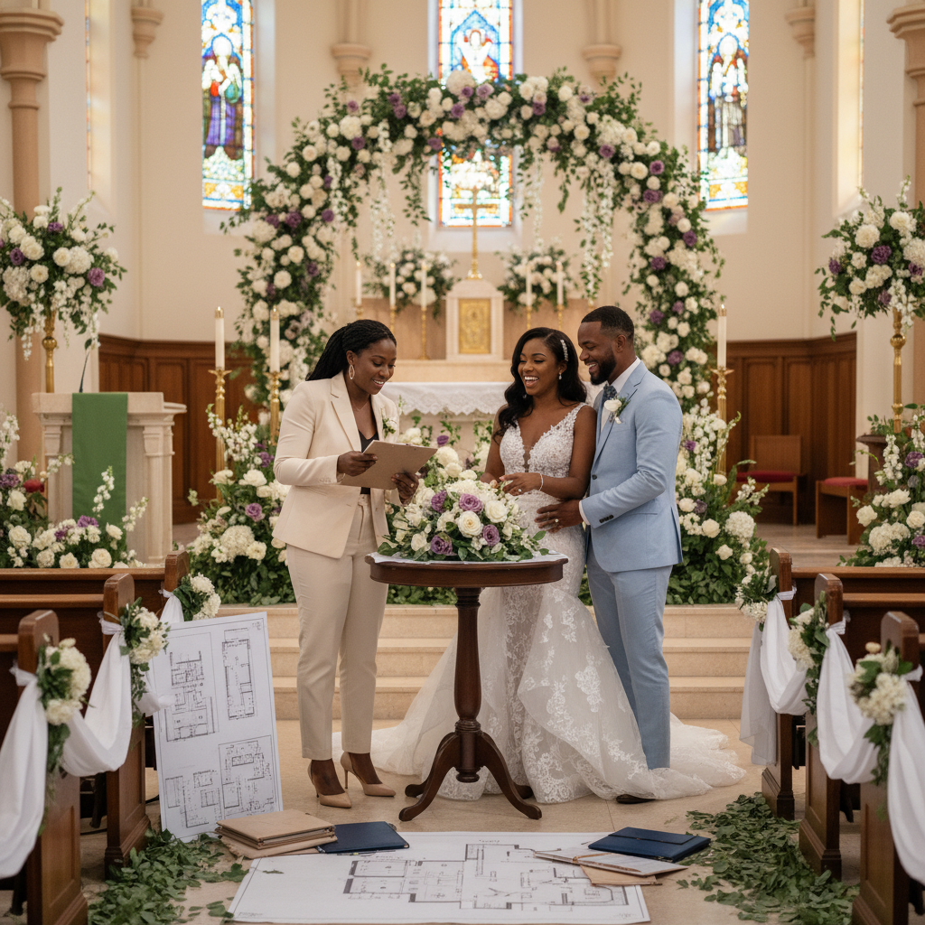 A Black wedding planner, clipboard in hand, consults with a joyful Haitian couple inside a beautifully decorated church, discussing floral arrangements and ceremony logistics.