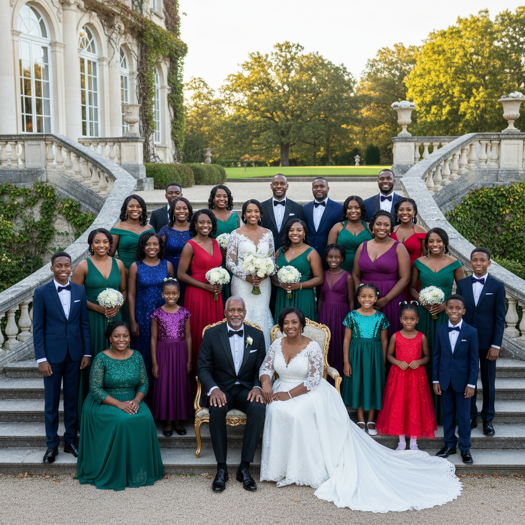 A large African American family, dressed in elegant formal attire, posed smiling for a traditional wedding photograph on the grand steps of a historic mansion. Shot on Canon EOS R5, 35mm lens, natural lighting, editorial photography.