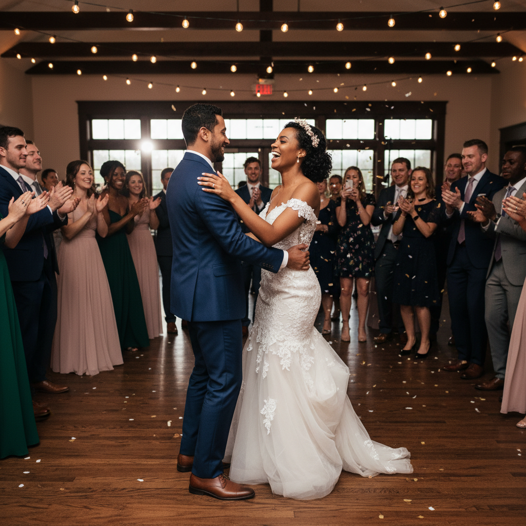 An African American bride laughing joyfully as she dances with her groom, surrounded by friends and family on a brightly lit dance floor. The photographer is subtly capturing the candid moment from a distance. Shot on Canon EOS R5, 35mm lens, natural lighting, editorial photography.