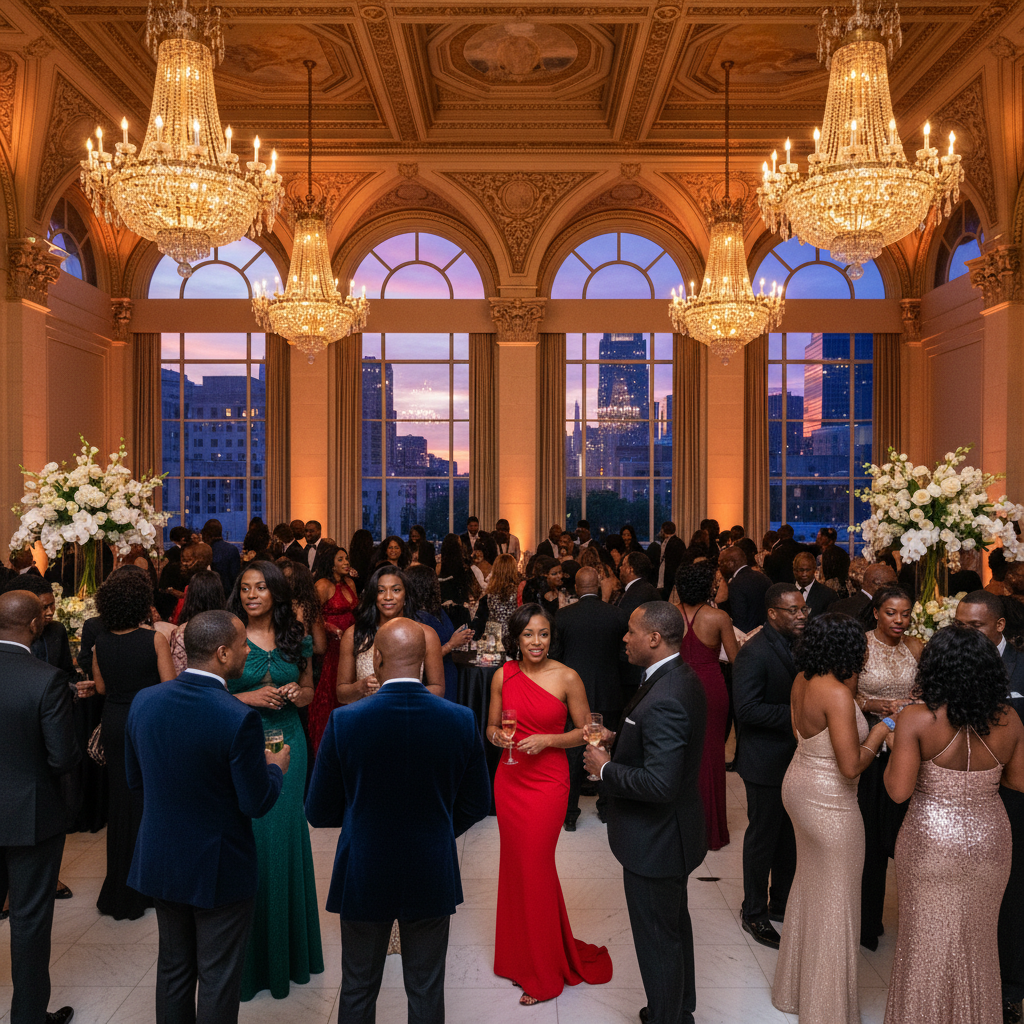 A diverse group of elegantly dressed African American guests mingling in a grand, high-ceilinged ballroom at a Charlotte event venue, with crystal chandeliers and large windows overlooking the city skyline at dusk.