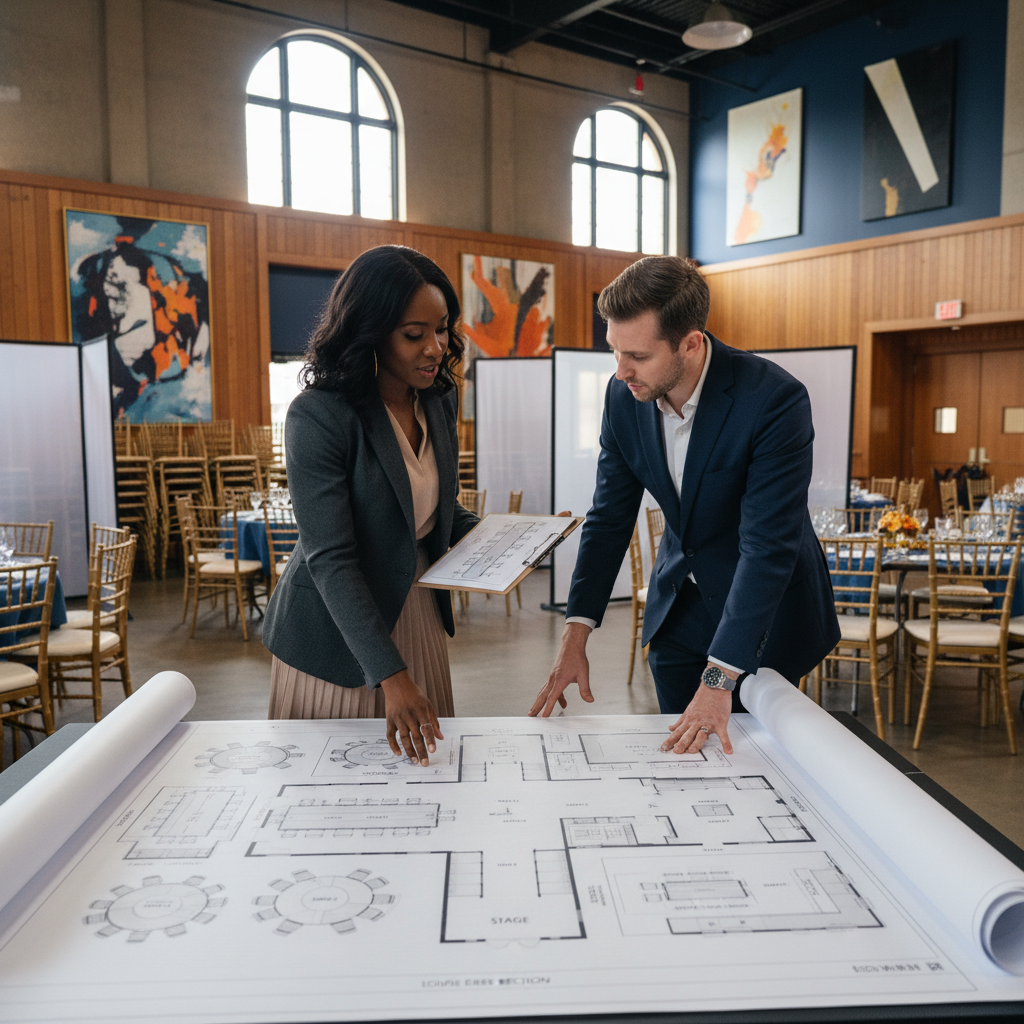 An African American event planner, clipboard in hand, discussing a detailed floor plan with a venue manager in a modern, versatile event space in Charlotte, showing different seating arrangements for a large group.