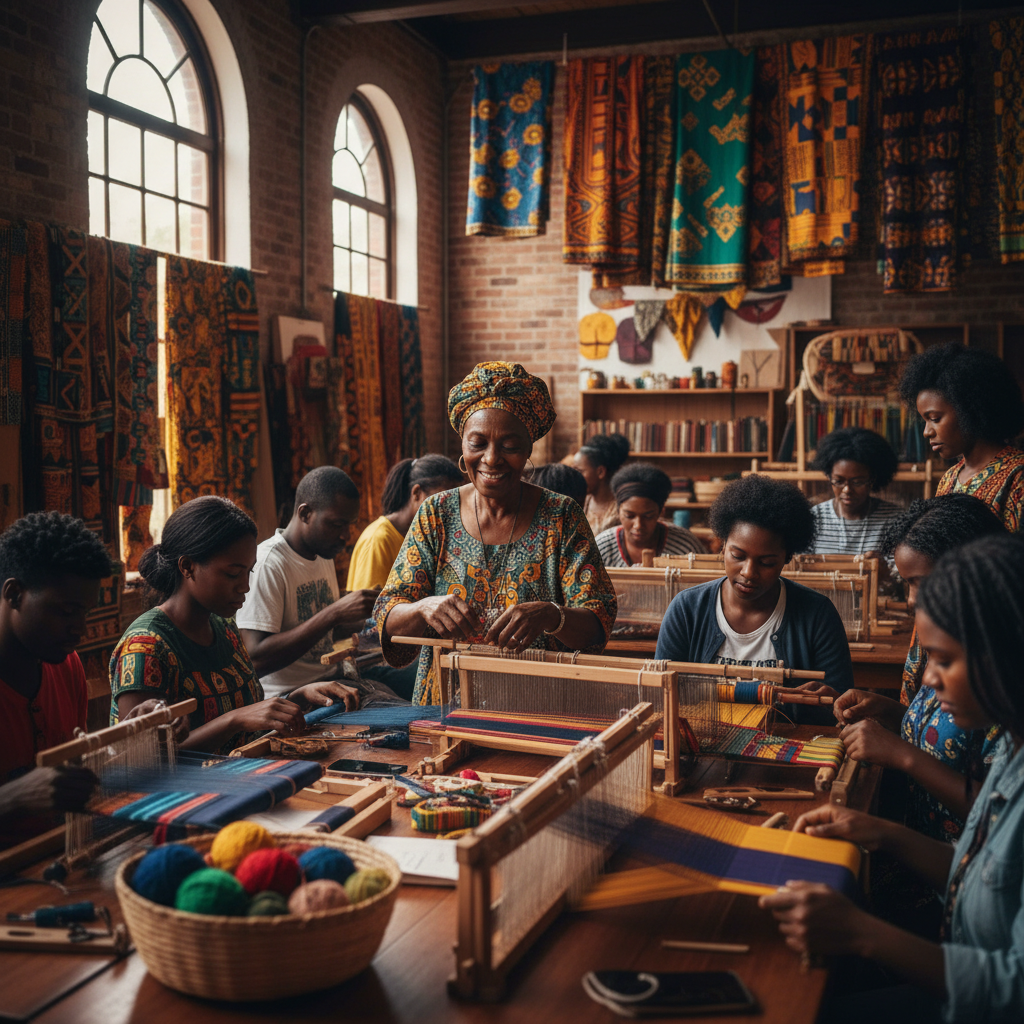 A vibrant community workshop in progress, with diverse African American adults and teenagers learning to weave traditional patterns from an elder instructor, their faces lit with concentration and engagement. The room is brightly lit with natural light, and colorful textiles hang in the background.