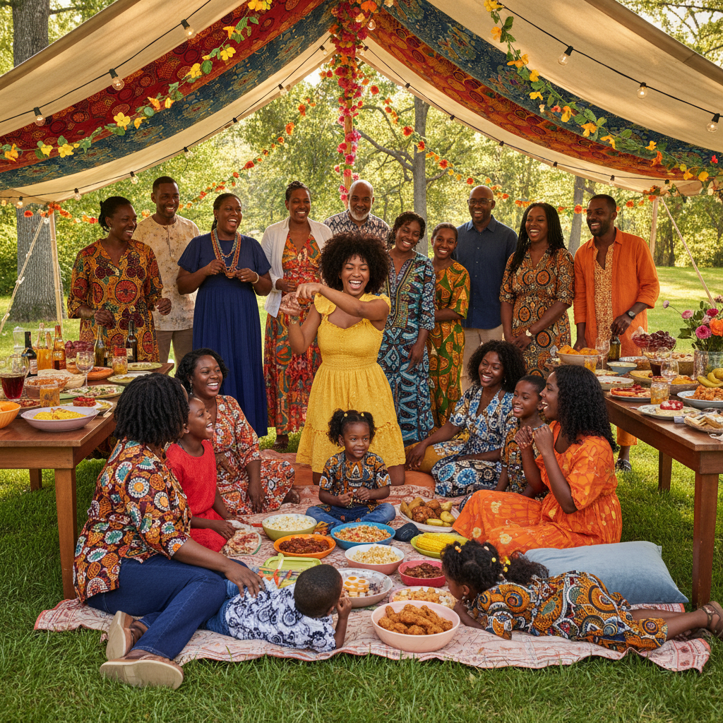 A vibrant outdoor family reunion with diverse African American family members of all ages laughing and playing a lively game of charades under a decorated tent, with picnic blankets and delicious food spread out.