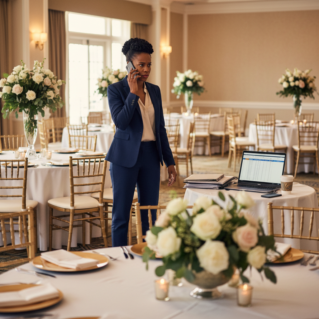 An African American event planner, looking stressed but determined, on her phone in a beautifully decorated event space, surrounded by partially set tables and chairs. She's wearing professional attire, and her laptop is open on a nearby table. Shot on Canon EOS R5, 35mm lens, natural lighting, editorial photography.