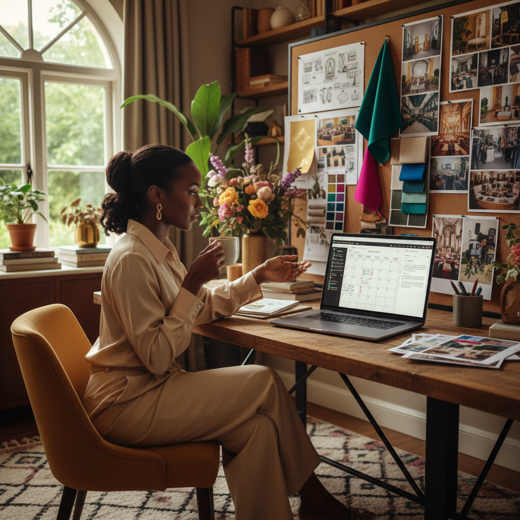 A busy African American female event planner in her home office, surrounded by mood boards and a laptop displaying a calendar, sipping coffee while calmly reviewing a digital contract. Shot on Canon EOS R5, 35mm lens, natural lighting, editorial photography.
