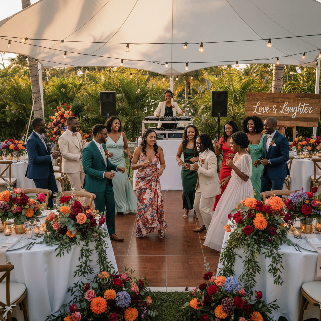 A vibrant outdoor wedding reception scene with Black guests dancing and enjoying themselves, a professional DJ is actively mixing music, and elegant floral arrangements adorn the tables. Shot on Canon EOS R5, 35mm lens, natural lighting, editorial photography.