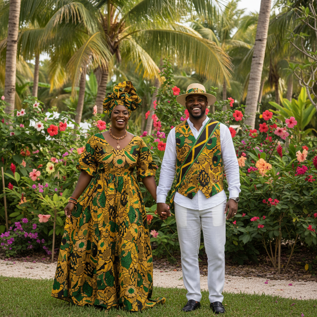 A joyful African American couple, dressed in elegant traditional Jamaican attire, smiling and holding hands in a lush tropical garden setting with vibrant flowers and palm trees in the background, shot on Canon EOS R5, 35mm lens, natural lighting, editorial photography.