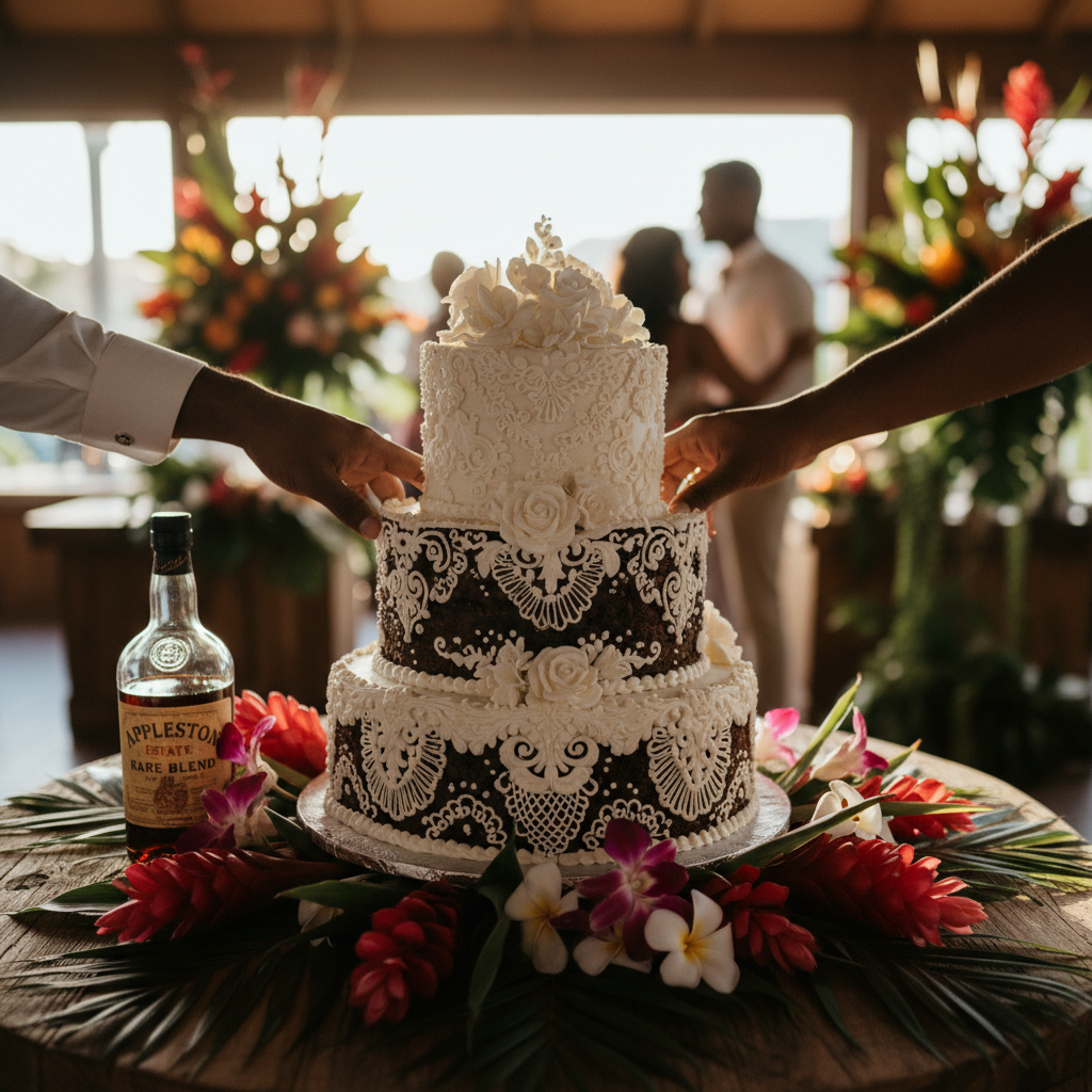 A close-up shot of a beautifully decorated traditional Jamaican wedding cake, a rich dark fruit cake with white intricate icing, surrounded by tropical flowers and a bottle of rum, on a rustic wooden table, shot on Canon EOS R5, 35mm lens, natural lighting, editorial photography.