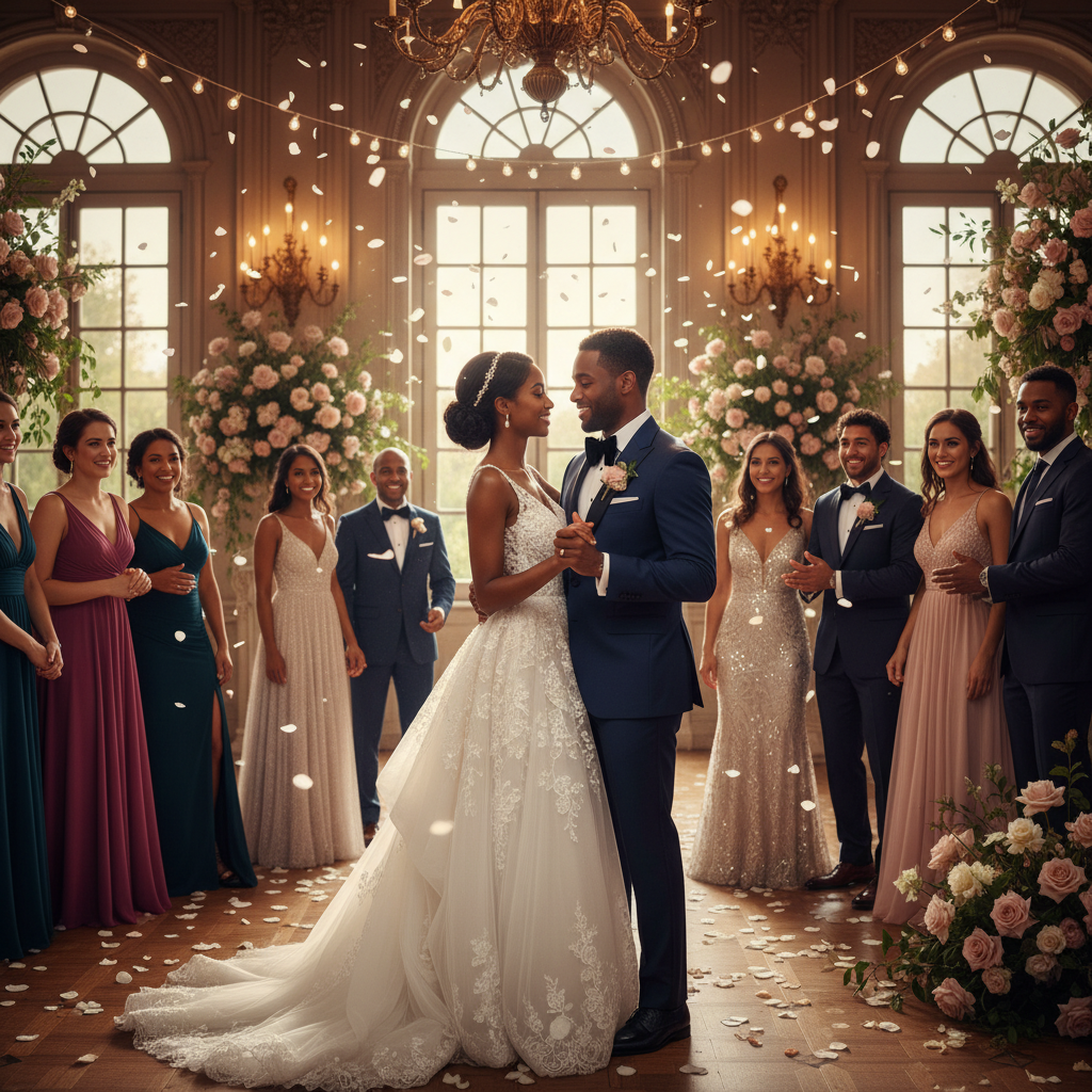 An African American couple in elegant wedding attire slow dancing romantically under soft, warm lighting, surrounded by smiling guests swaying to the music. Shot on Canon EOS R5, 35mm lens, natural lighting, editorial photography.
