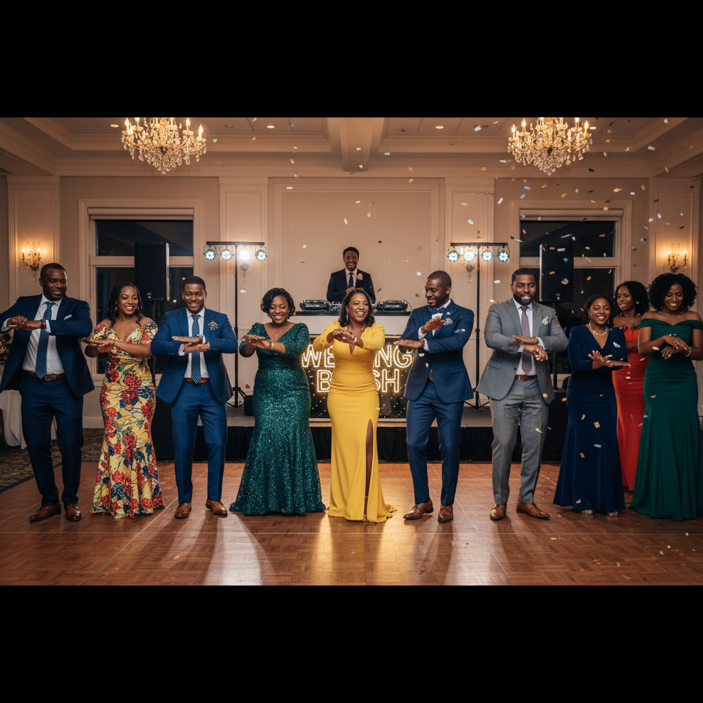 A lively group of Black wedding guests performing a synchronized line dance on a brightly lit dance floor, with the DJ smiling from behind their setup. Shot on Canon EOS R5, 35mm lens, natural lighting, editorial photography.