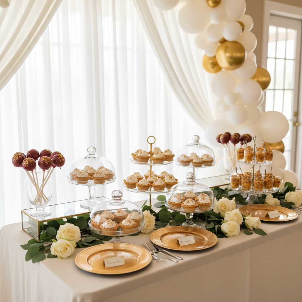 A beautifully arranged dessert table at an elegant African American wedding reception, featuring mini sweet potato pies, red velvet cake pops, and peach cobbler shooters, all displayed on varying height platters with fresh floral accents and subtle gold decor. Shot on Canon EOS R5, 35mm lens, natural lighting, editorial photography.