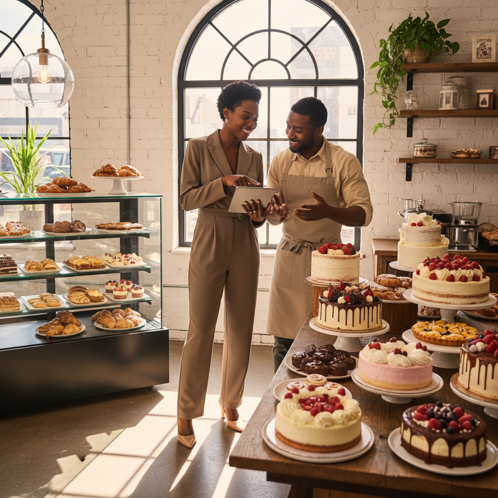 A Black event planner discusses dessert options with a Black baker in a modern, sunlit bakery, surrounded by various delectable pastries and cakes. They are reviewing a portfolio on a tablet. Shot on Canon EOS R5, 35mm lens, natural lighting, editorial photography.