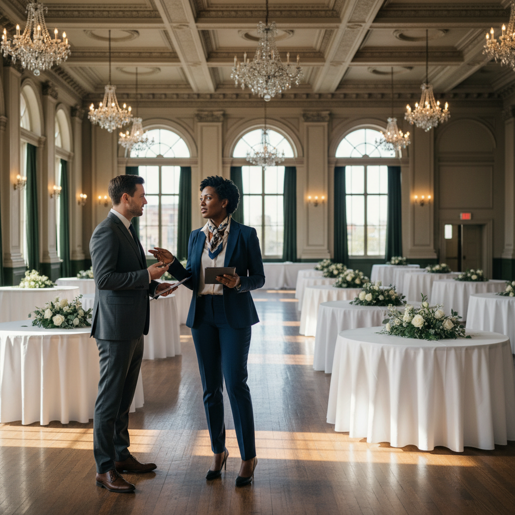 An African American event planner, impeccably dressed, holds a tablet and gestures towards a spacious, elegant banquet hall with high ceilings, talking to a venue manager. Sunlight streams through large windows, illuminating crisp white tablecloths and subtle floral arrangements. shot on Canon EOS R5, 35mm lens, natural lighting, editorial photography.