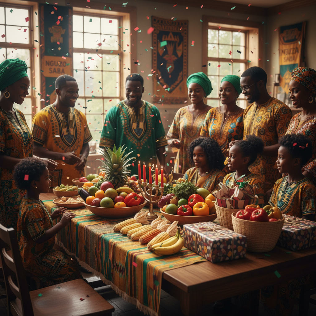 A lively community Kwanzaa celebration gathering indoors, with African American families and children interacting around a beautifully decorated table. The table features a large display of Mazao (fresh fruits and vegetables), multiple Vibunzi (ears of corn), and colorful Zawadi (gifts) in woven baskets. People are dressed in vibrant African-inspired attire, smiling and engaging. Shot on Canon EOS R5, 35mm lens, natural lighting, editorial photography, with warm, inviting light.