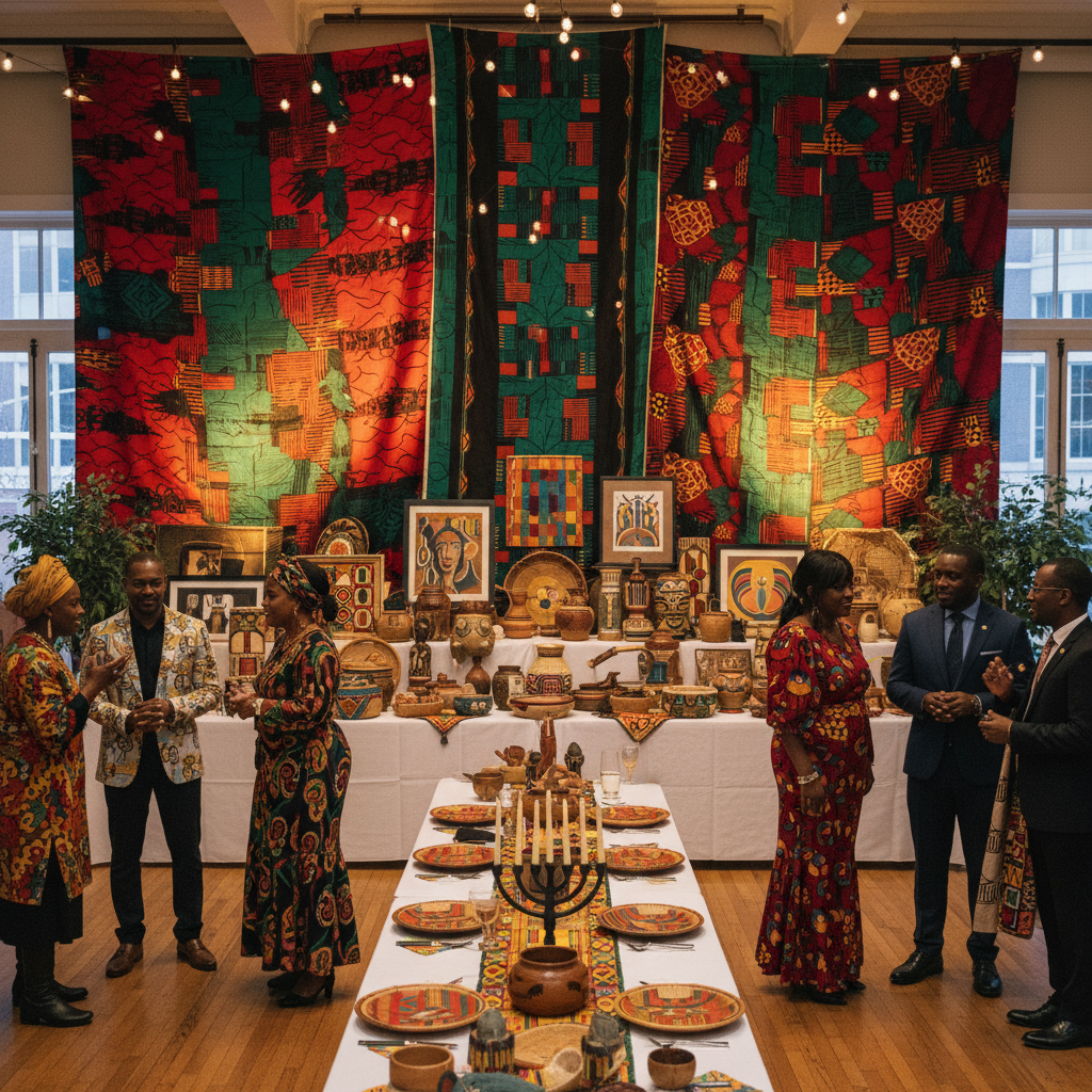 An elegant Kwanzaa community celebration space, showcasing a beautifully decorated wall with large African print fabric hangings in red, black, and green, softly illuminated by warm uplighting. Guests, predominantly African American, are mingling, with some admiring a display of traditional crafts and artwork. Shot on Canon EOS R5, 35mm lens, natural lighting, editorial photography, conveying a sense of warmth and cultural pride.