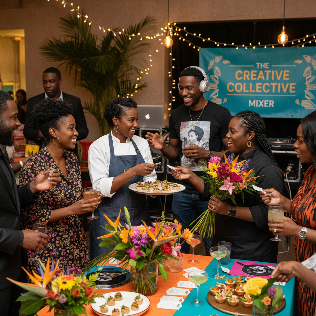 A group of diverse Black event vendors, including a caterer, a florist, and a DJ, are laughing and networking warmly at a vibrant industry mixer, exchanging business cards and ideas.