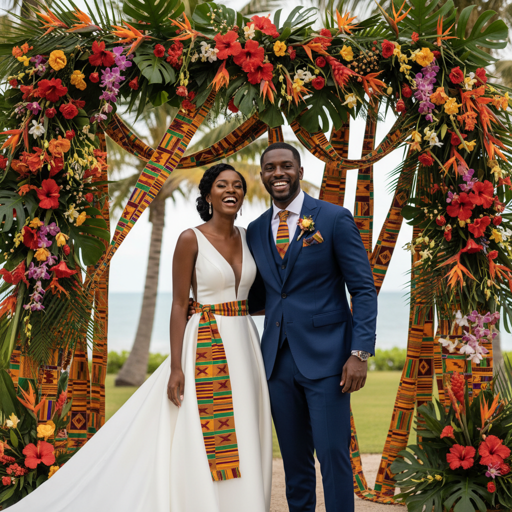 A Black bride and groom smiling brightly, with the bride wearing a modern white wedding gown accented with a vibrant Kente cloth sash and the groom in a tailored suit with Kente fabric details on his tie and pocket square. They are standing under an archway adorned with tropical flowers and more Kente fabric, shot on Canon EOS R5, 35mm lens, natural lighting, editorial photography.