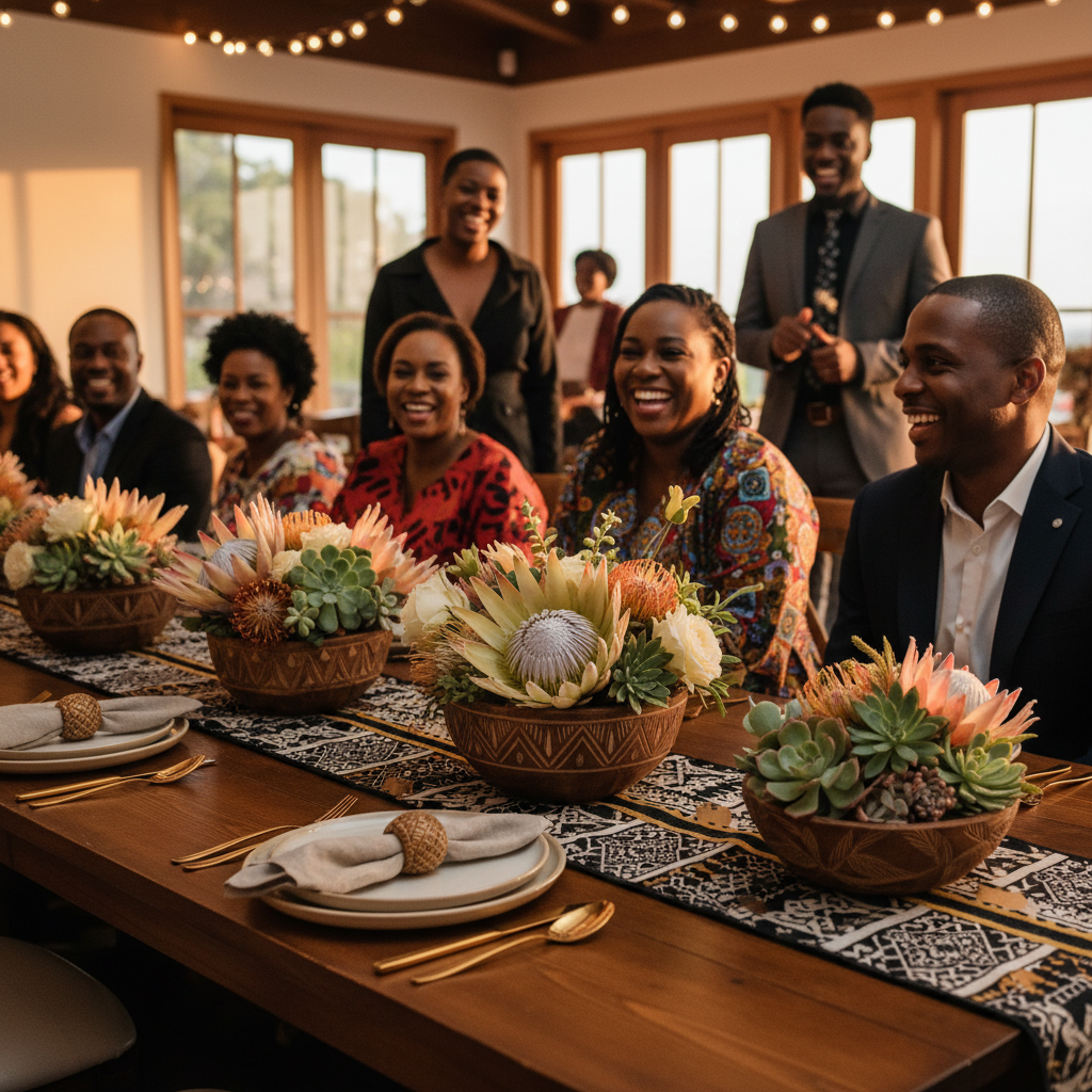 A vibrant wedding reception table setting featuring a mud cloth runner, centerpieces with carved wooden bowls filled with protea flowers and succulents, and place settings adorned with cowrie shell napkin rings. Warm lighting casts a glow on guests enjoying the atmosphere, shot on Canon EOS R5, 35mm lens, natural lighting, editorial photography.