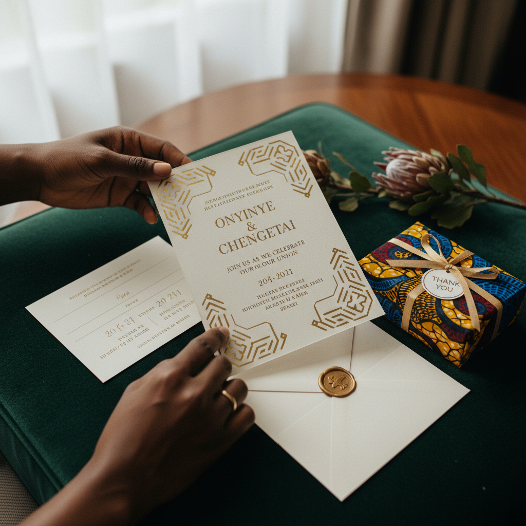 A close-up shot of a wedding invitation suite featuring gold foil details on a deep emerald green background, adorned with subtle West African geometric patterns. A small, personalized favor box wrapped in a vibrant Ankara fabric swatch rests beside it, shot on Canon EOS R5, 35mm lens, natural lighting, editorial photography.
