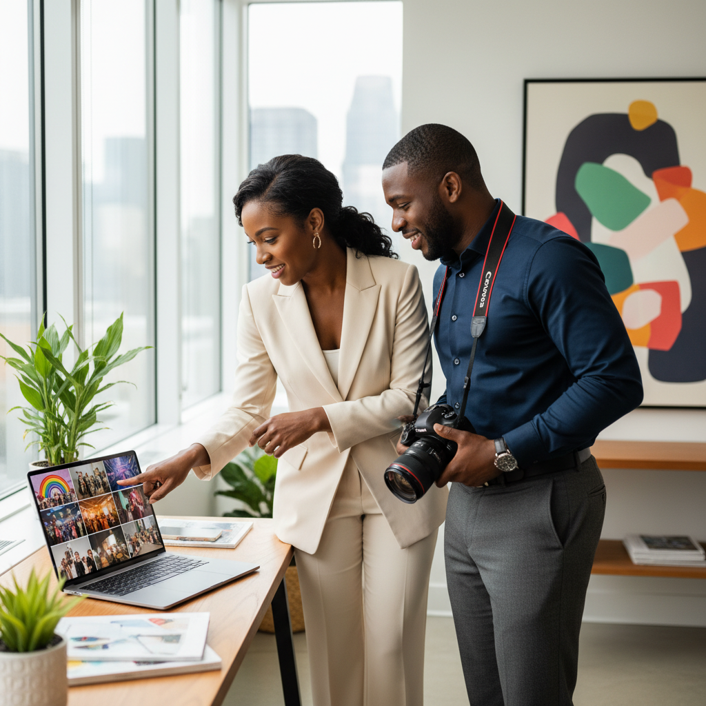 A Black woman event planner reviews a gallery of vibrant, social media-ready event photos on a laptop with a Black male photographer, pointing to specific images, in a modern office space.