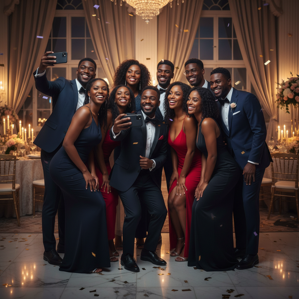 A diverse group of Black guests happily posing for a photo at an elegant evening event, holding up their phones to capture the moment, soft ambient lighting.