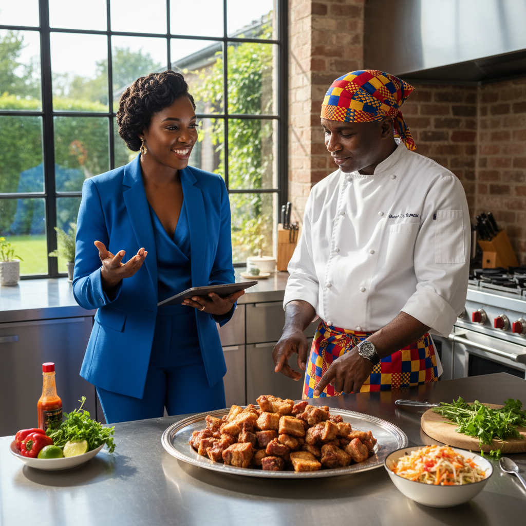 A Black event planner, smartly dressed in a vibrant blue suit, stands in a brightly lit kitchen, deeply engaged in conversation with a Haitian chef. The chef, wearing a crisp white chef's coat and a traditional 'madras' patterned bandana, gestures towards a beautifully arranged platter of Griot and Pikliz on a stainless steel counter. Sunlight streams through a large window, highlighting the rich colors of the food.