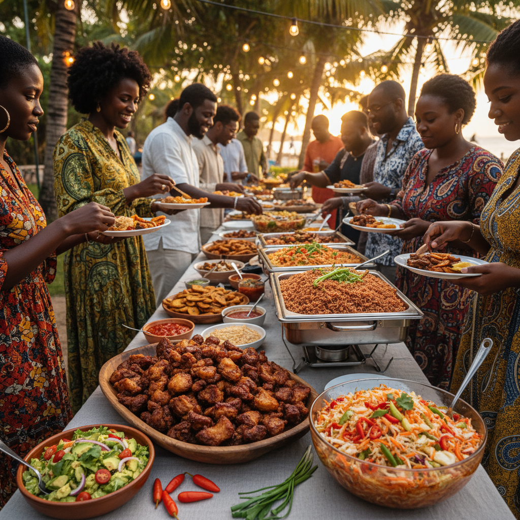 A vibrant buffet spread of Haitian food at an outdoor event. Platters of golden Griot, steaming Riz Collé, colorful Pikliz, and fresh avocado salad are beautifully arranged on a linen-draped table. Guests, a mix of African American and Afro-Caribbean individuals dressed in festive attire, are mingling and serving themselves. The scene is set under strung lights, with a joyful, relaxed atmosphere.