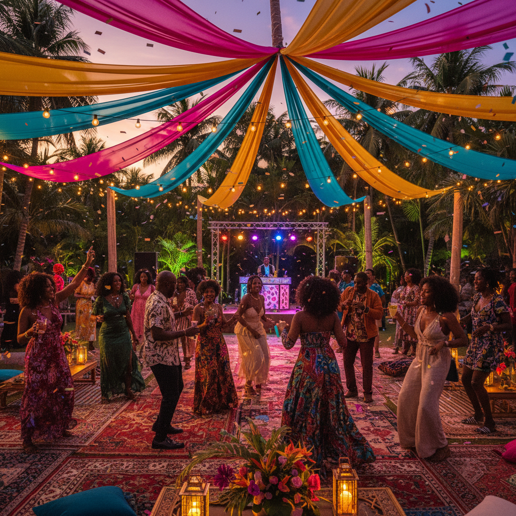 A vibrant outdoor party scene at dusk, with Black and Afro-Caribbean guests dancing amidst colorful fabric drapes in fuchsia, turquoise, and gold, illuminated by string lights and uplighting.