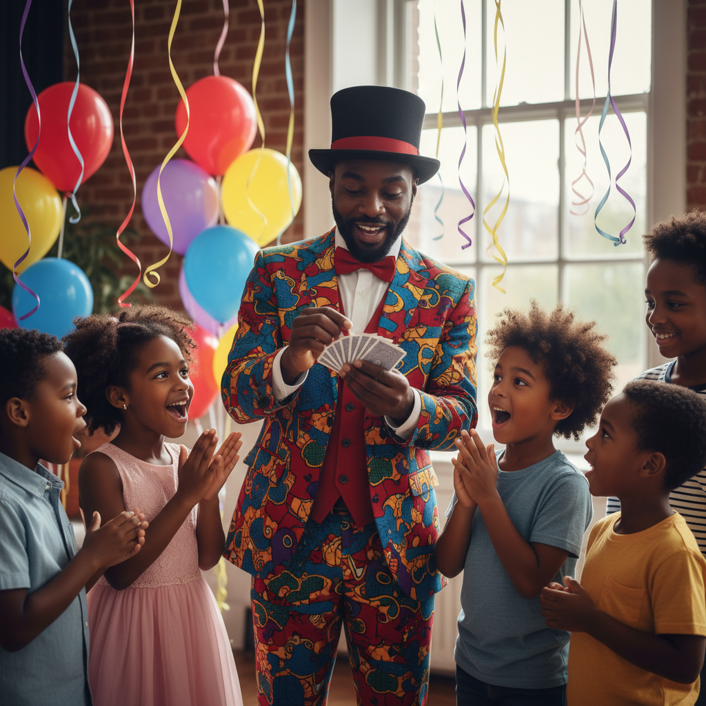 A diverse group of joyful African American children, aged 5-10, gathered around a charismatic Black male magician in a vibrant party setting. The magician, dressed in a colorful suit, is performing a card trick, with children's eyes wide with wonder and excitement. Bright balloons and streamers decorate the background. Shot on Canon EOS R5, 35mm lens, natural lighting, editorial photography.