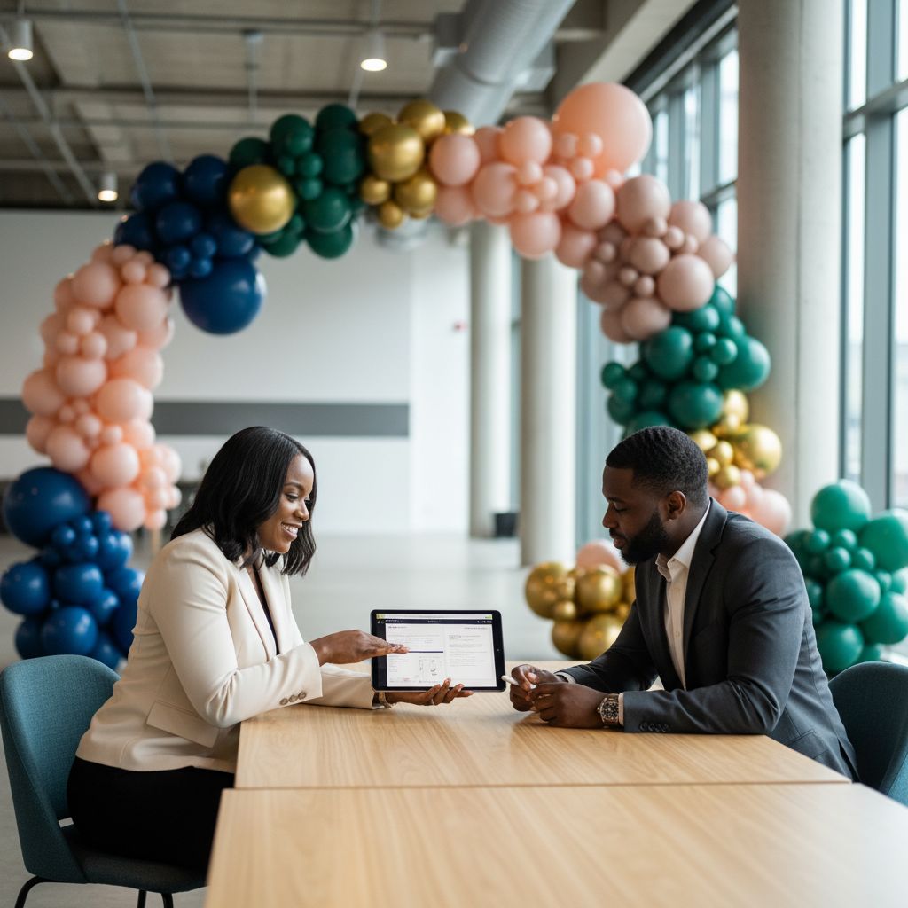 A Black woman event planner, smiling, reviews contracts with a professional Black male balloon artist in a brightly lit, modern event space. Balloons in various shapes and colors are visible in the background. They are both dressed professionally, discussing details on a tablet. Shot on Canon EOS R5, 35mm lens, natural lighting, editorial photography.
