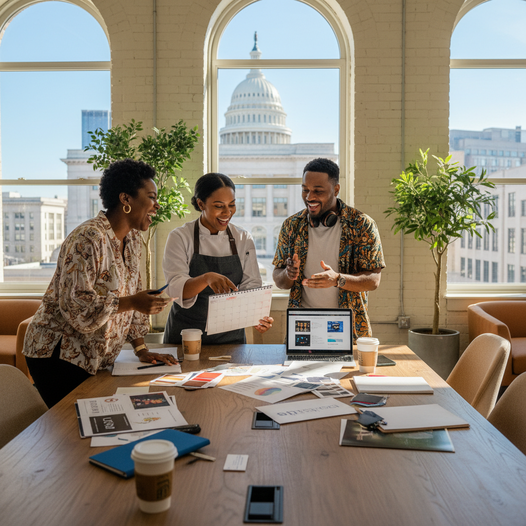 A diverse group of event vendors, including a caterer, a DJ, and a decorator, are gathered around a table reviewing a calendar and marketing materials, laughing and collaborating in a brightly lit co-working space in downtown Washington D.C.