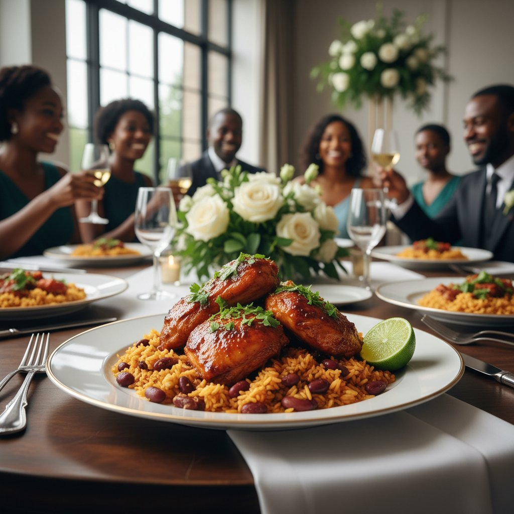 An elegantly presented plate of jerk chicken with rice and peas, garnished with fresh cilantro and a lime wedge, in a modern wedding reception setting. Shot on Canon EOS R5, 35mm lens, natural lighting, editorial photography.