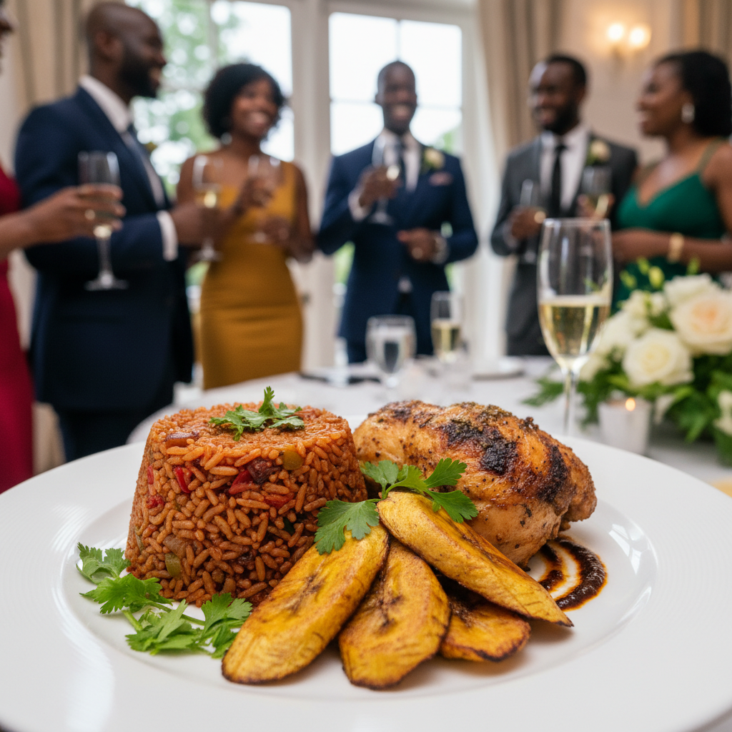 A close-up shot of an exquisitely plated dish of Jollof rice with grilled plantains and a side of seasoned chicken, garnished with fresh herbs, on a pristine white plate at a wedding reception. Shot on Canon EOS R5, 35mm lens, natural lighting, editorial photography.