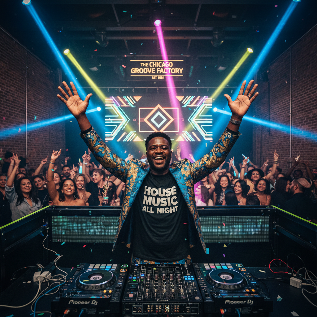An energetic Black DJ, mid-set, with hands in the air, hyping up a diverse crowd dancing under colorful lights at a vibrant Chicago club. Shot on Canon EOS R5, 35mm lens, natural lighting, editorial photography.