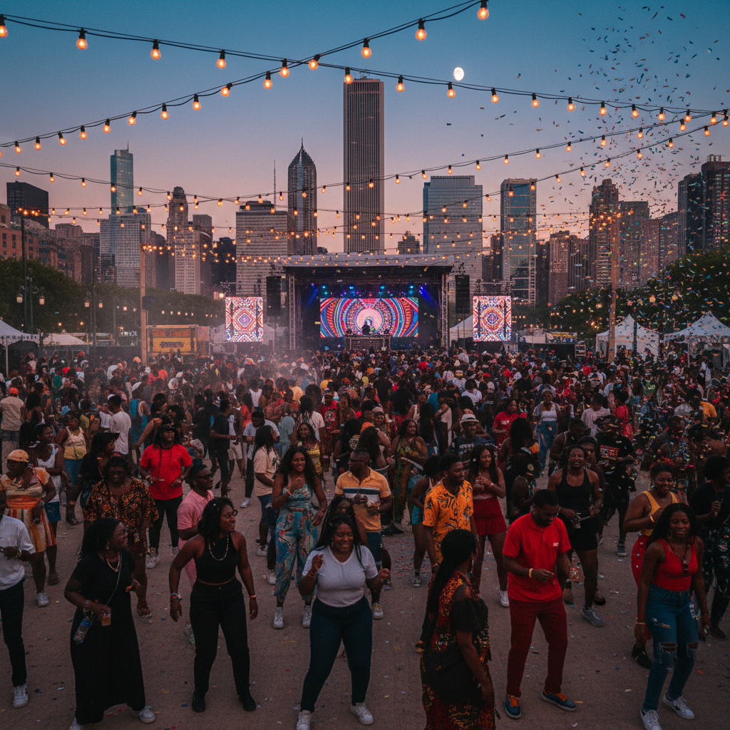 A vibrant outdoor Afrobeats festival in Chicago, with a diverse crowd of Black people dancing enthusiastically under string lights as the city skyline looms in the background at dusk. Shot on Canon EOS R5, 35mm lens, natural lighting, editorial photography.