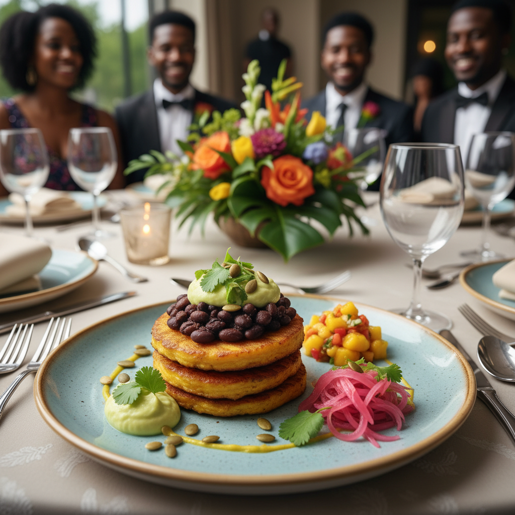 A close-up shot of a beautifully presented plate featuring a vibrant vegan and gluten-free Caribbean-inspired dish, possibly a plantain and black bean creation, at an elegant event. The background is softly blurred, showing other festive table settings and diverse African American guests mingling. Shot on Canon EOS R5, 35mm lens, natural lighting, editorial photography.