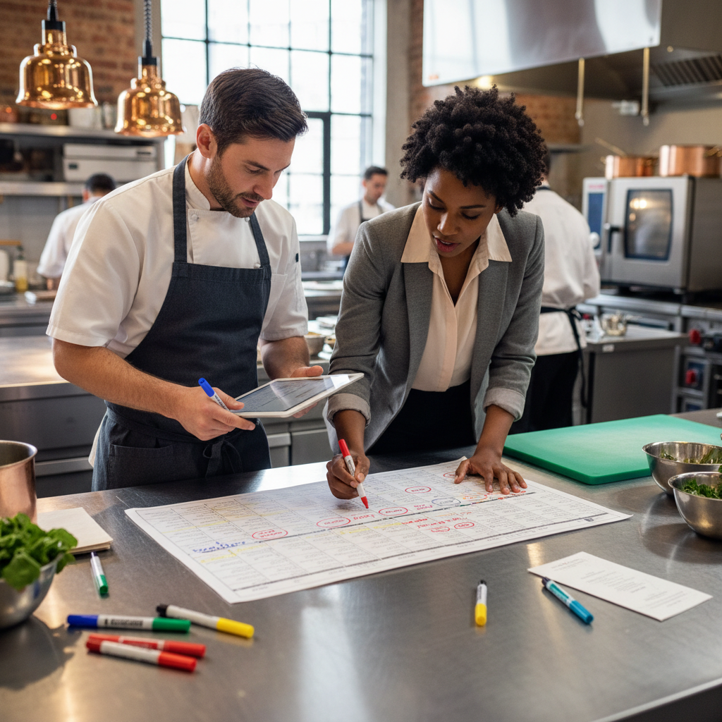 A professional African American event planner reviewing a seating chart with a catering manager, highlighting specific guest dietary needs with colored markers. They are in a well-lit event venue kitchen, looking focused and organized. Shot on Canon EOS R5, 35mm lens, natural lighting, editorial photography.