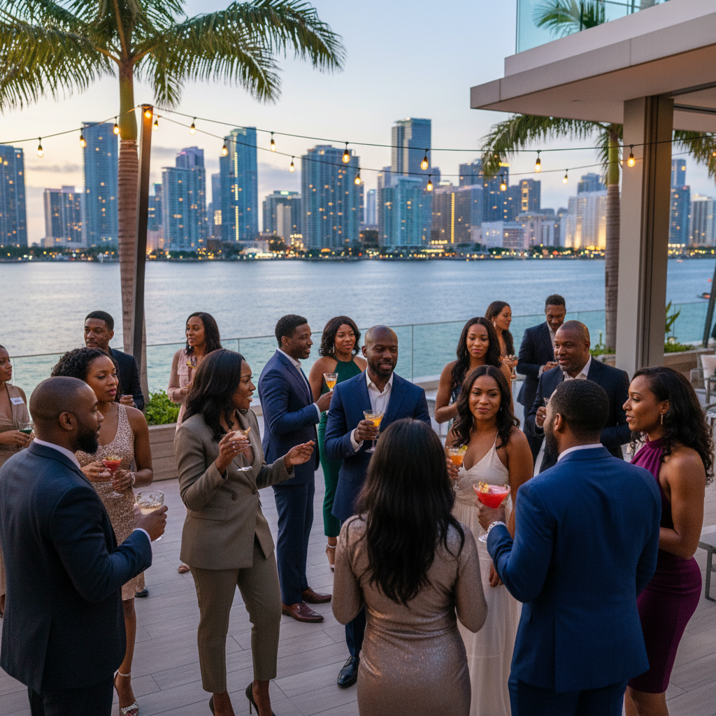 A group of elegantly dressed African American professionals networking at a modern, open-air waterfront venue in Miami at dusk. The city skyline glows in the background, and attendees are holding cocktails, engaged in lively conversation.