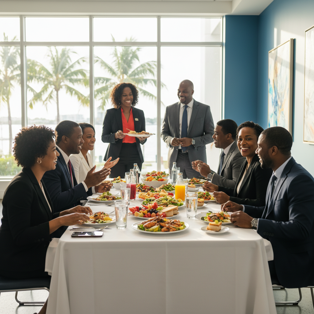 A diverse group of African American corporate executives in business attire enjoying a catered lunch during a break at a modern conference in a bright Miami venue. They are casually networking and smiling.